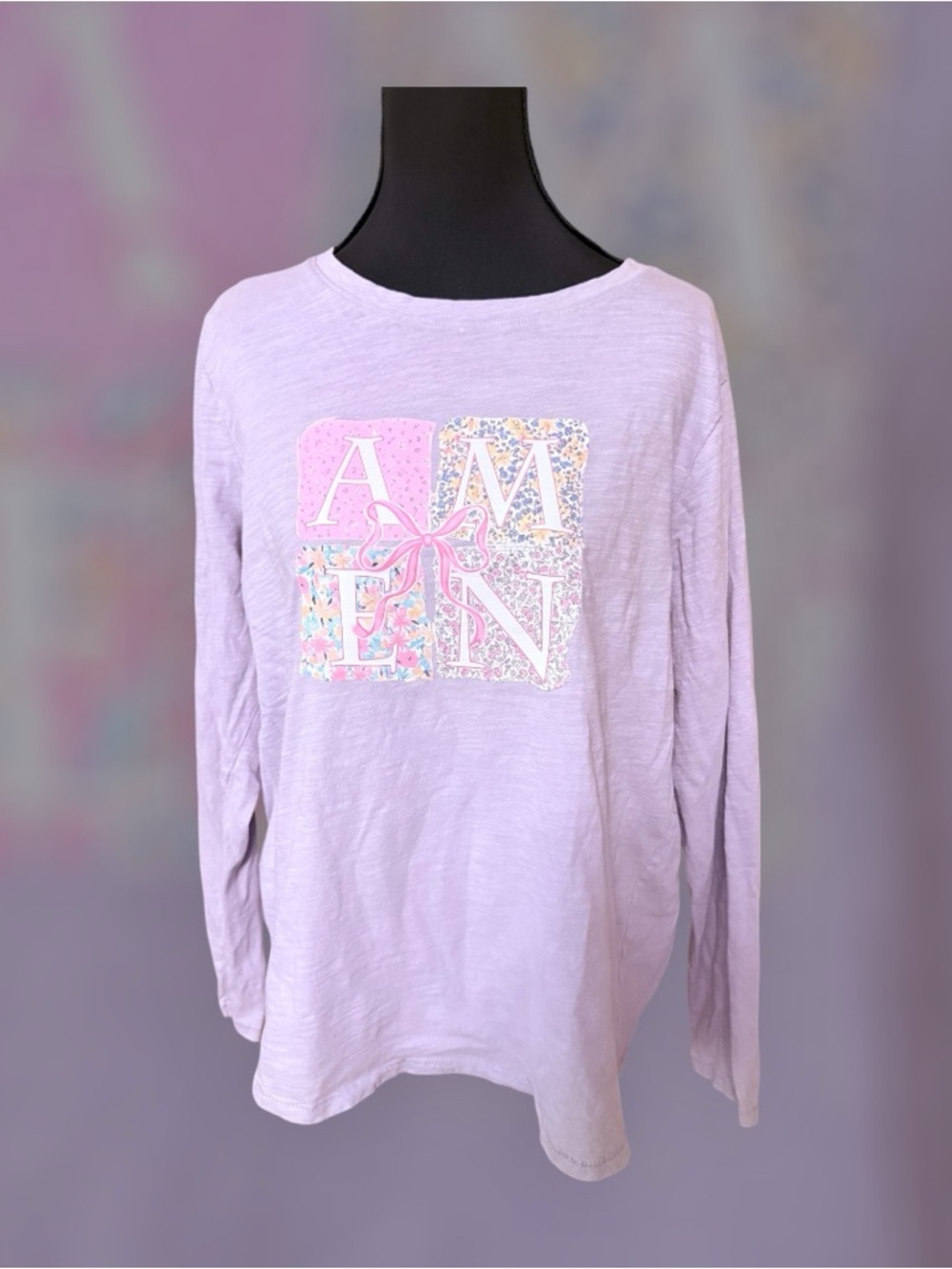 Lavender “Amen” long-sleeved top